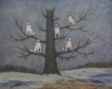 Painting of five white wolves in a tree.