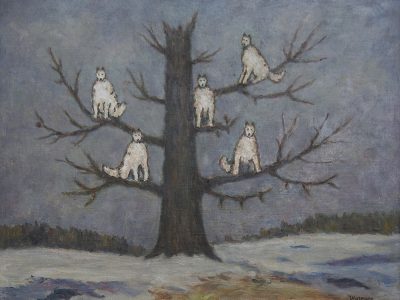 The Wolf Man's Dream - Painting of five white wolves in a tree.